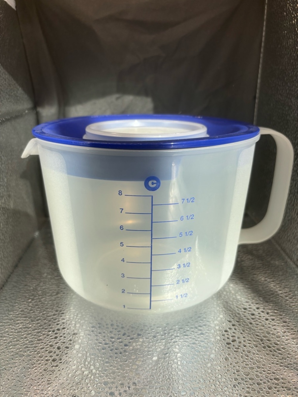 Tupperware White Measuring Pitcher with Blue Lid and Handle, Batter Bowl